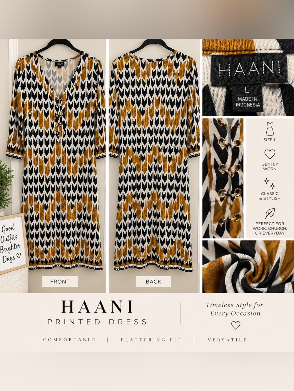 HAANI Black White and Mustard Lace-Up V-Neck Tunic